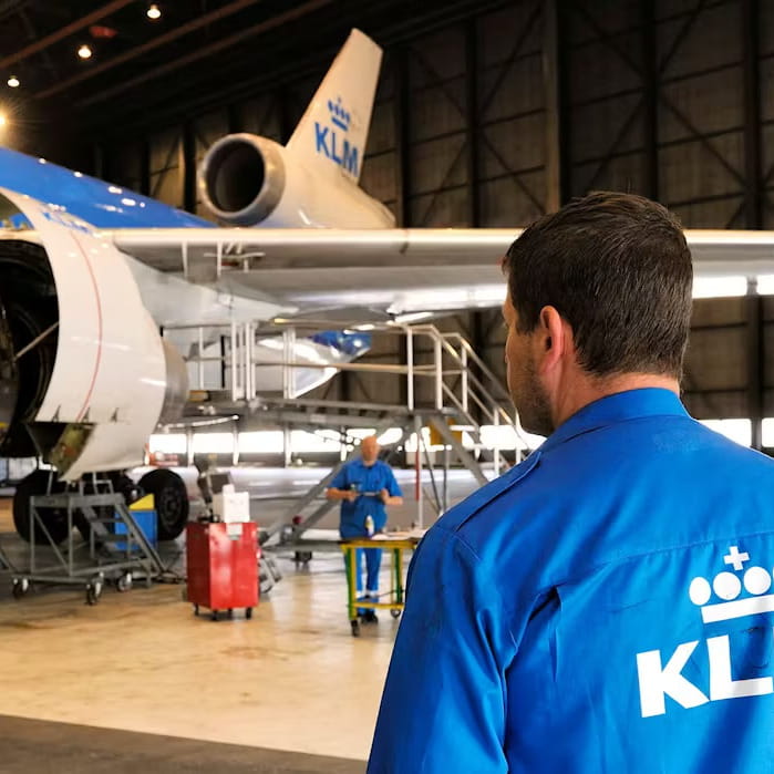 KLM-monteur op de rug gezien kijkt naar een vliegtuig in een onderhoudshangar